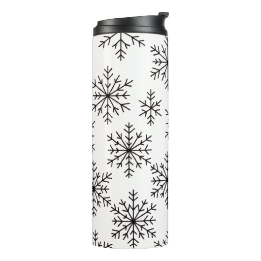 Zwart en wit sneeuwvlokpatroon thermisch reisbeker thermosbeker (Gedraaid links)