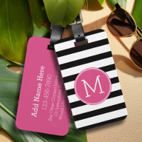 Zwart en wit Striped Patroon Hot Pink Monogram