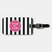 Zwart en wit Striped Patroon Hot Pink Monogram Bagagelabel (Voorkant horizontaal)