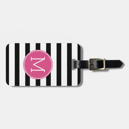 Zwart en wit Striped Patroon Hot Pink Monogram Bagagelabel (Voorkant horizontaal)