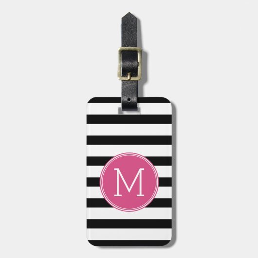 Zwart en wit Striped Patroon Hot Pink Monogram Bagagelabel (Voorkant verticaal)