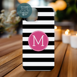 Zwart en wit Striped Patroon Hot Pink Monogram iPhone 16 Hoesje