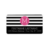 Zwart en wit Striped Patroon Hot Pink Monogram Etiket (Voorkant)