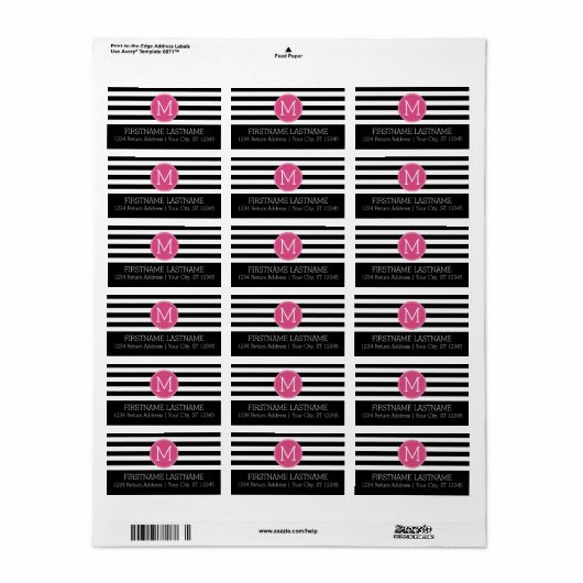 Zwart en wit Striped Patroon Hot Pink Monogram Etiket (Full Sheet)