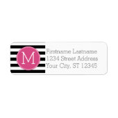 Zwart en wit Striped Patroon Hot Pink Monogram Etiket (Voorkant)