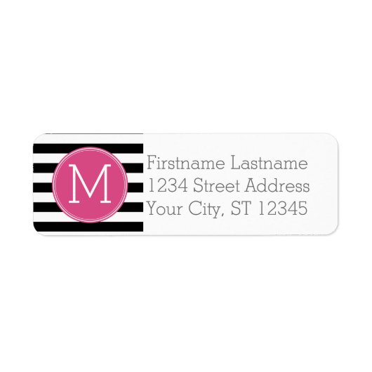 Zwart en wit Striped Patroon Hot Pink Monogram Etiket (Voorkant)