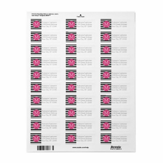 Zwart en wit Striped Patroon Hot Pink Monogram Etiket (Full Sheet)