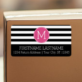 Zwart en wit Striped Patroon Hot Pink Monogram Etiket