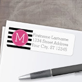 Zwart en wit Striped Patroon Hot Pink Monogram Etiket