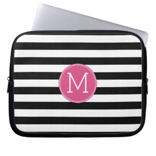 Zwart en wit Striped Patroon Hot Pink Monogram Laptop Sleeve