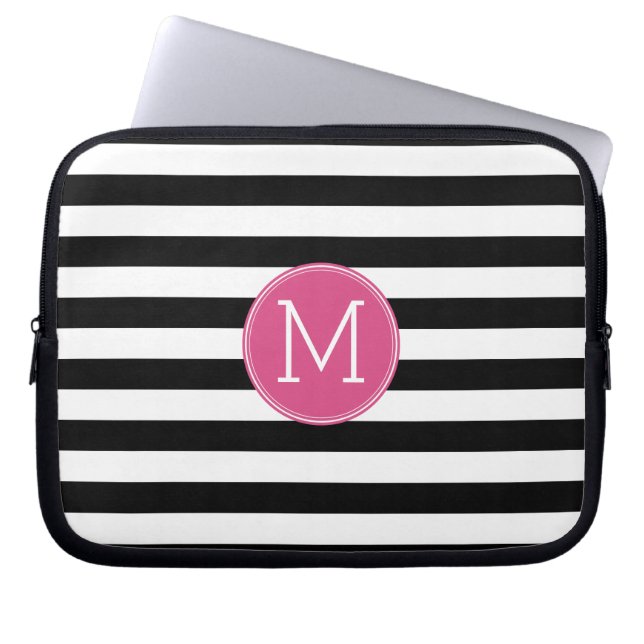Zwart en wit Striped Patroon Hot Pink Monogram Laptop Sleeve (Voorkant)