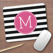 Zwart en wit Striped Patroon Hot Pink Monogram Muismat