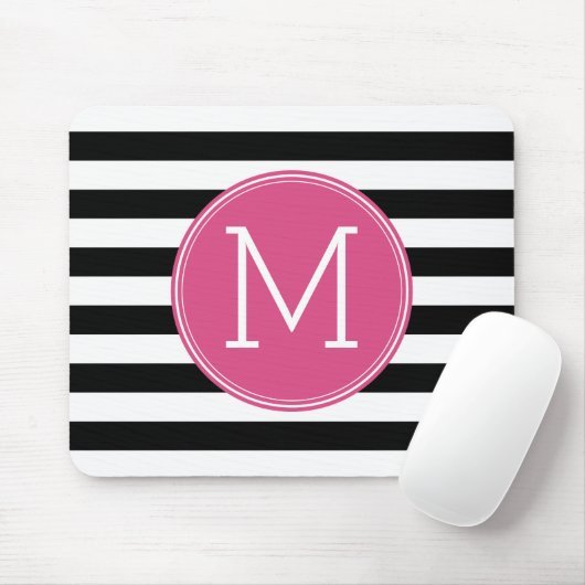 Zwart en wit Striped Patroon Hot Pink Monogram Muismat (Met muis)