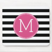 Zwart en wit Striped Patroon Hot Pink Monogram Muismat (Voorkant)