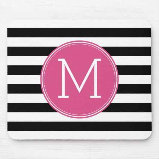 Zwart en wit Striped Patroon Hot Pink Monogram Muismat (Voorkant)
