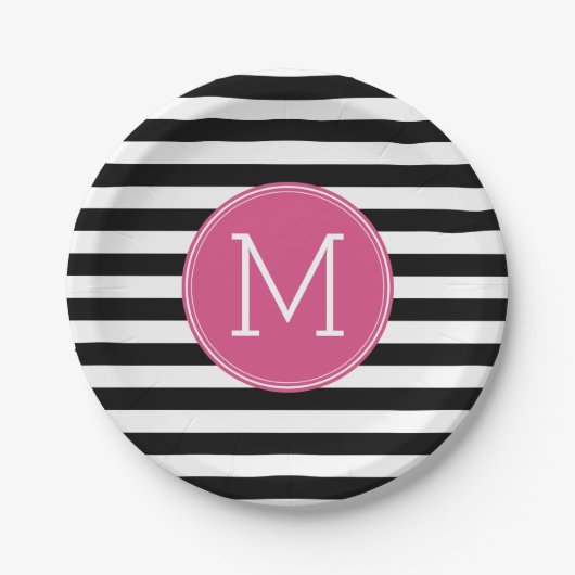Zwart en wit Striped Patroon Hot Pink Monogram Papieren Bordje (Voorkant)