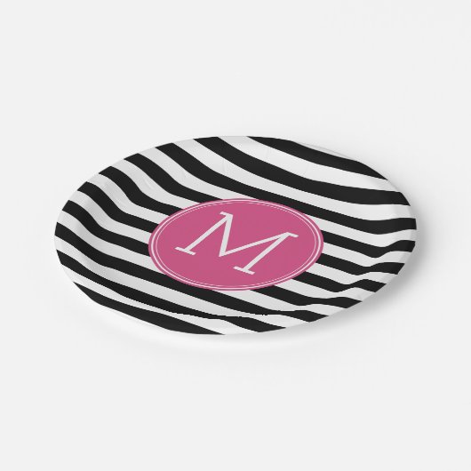 Zwart en wit Striped Patroon Hot Pink Monogram Papieren Bordje (Gekanteld)