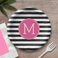 Zwart en wit Striped Patroon Hot Pink Monogram