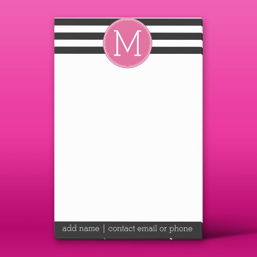 Zwart en wit Striped Patroon Hot Pink Monogram Post-it® Notes