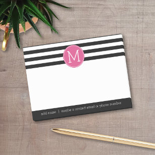 Zwart en wit Striped Patroon Hot Pink Monogram Post-it® Notes