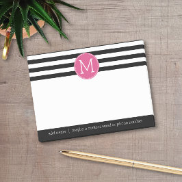Zwart en wit Striped Patroon Hot Pink Monogram Post-it® Notes