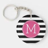 Zwart en wit Striped Patroon Hot Pink Monogram Sleutelhanger (Voorkant)