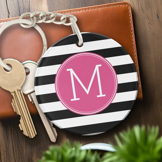 Zwart en wit Striped Patroon Hot Pink Monogram Sleutelhanger