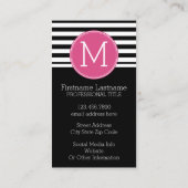Zwart en wit Striped Patroon Hot Pink Monogram Visitekaartje (Achterkant)