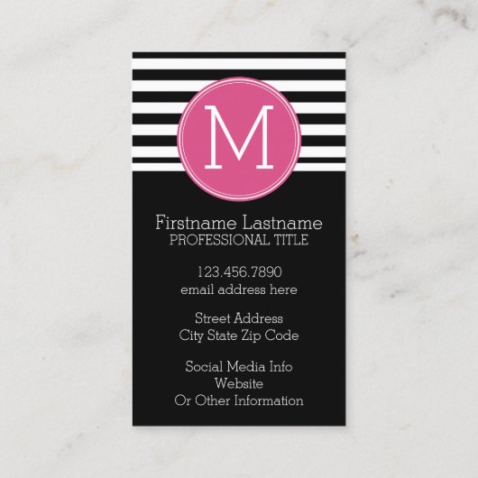 Zwart en wit Striped Patroon Hot Pink Monogram Visitekaartje (Achterkant)