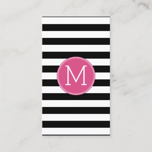 Zwart en wit Striped Patroon Hot Pink Monogram Visitekaartje (Voorkant)