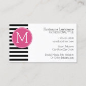 Zwart en wit Striped Patroon Hot Pink Monogram Visitekaartje (Achterkant)