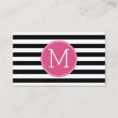 Zwart en wit Striped Patroon Hot Pink Monogram Visitekaartje (Voorkant)