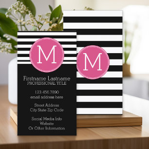 Zwart en wit Striped Patroon Hot Pink Monogram Visitekaartje