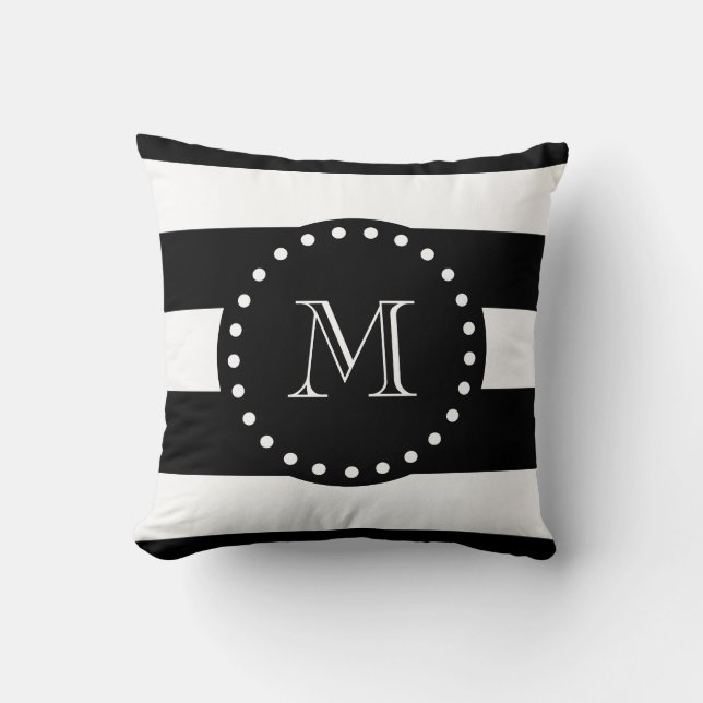 Zwart en wit Stripes Patroon, zwart monogram Kussen (Voorkant)