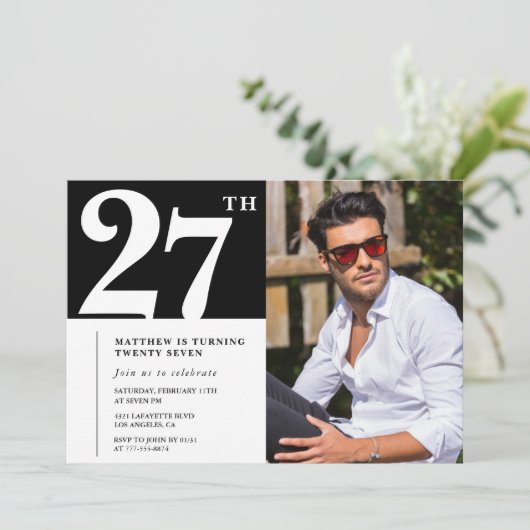 Zwart en Wit uitnodigingen voor 27e verjaardag (Staand voorkant)