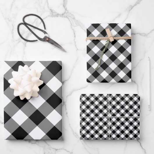 Zwart en Wit Verschillende Maten Diagonaal Gingham Inpakpapier Vel (Voorkant)