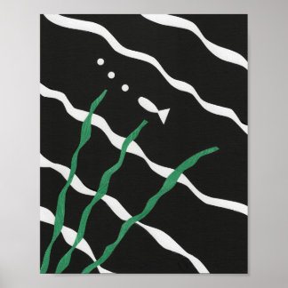 Zwart en wit vis met bubbels en zeewier poster