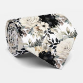 Zwart en wit waterverf bloemmotief formeel stropda stropdas (Opgerold)