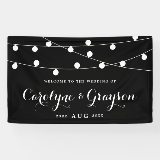 Zwart en wit | Whimsical Fairy Lights Wedding Spandoek (Horizontaal)