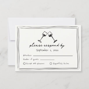 Zwart en Wit Whimsical Handgetekende Wijn Trouwfee RSVP Kaartje