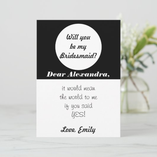 Zwart en wit zal je mijn bruidsmeisje zijn kaart (Staand voorkant)