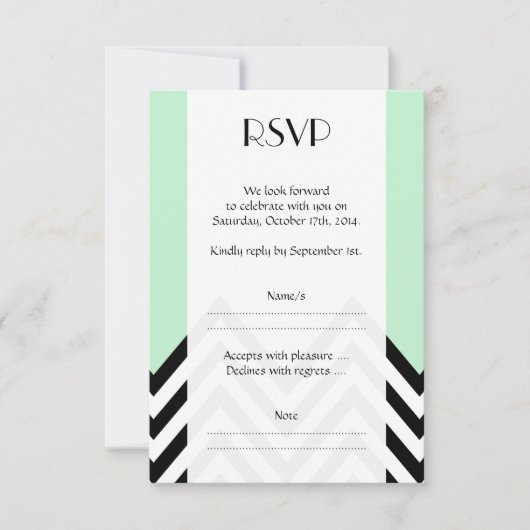 Zwart en wit zigzag patroon, groen, bruiloft RSVP kaartje (Voorkant)