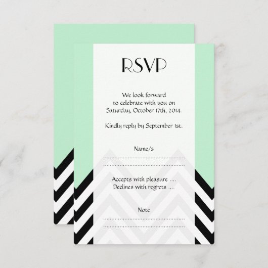 Zwart en wit zigzag patroon, groen, bruiloft RSVP kaartje (Voorkant / Achterkant)