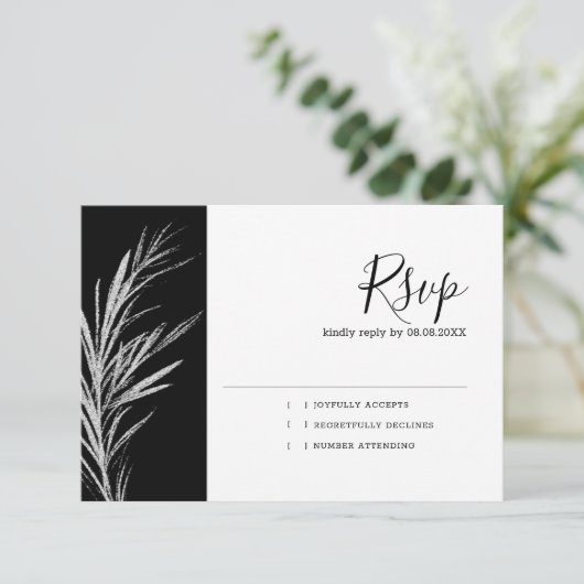 Zwart en wit zilver RSVP-huwelijksreactiekaart RSVP Kaartje (Staand voorkant)