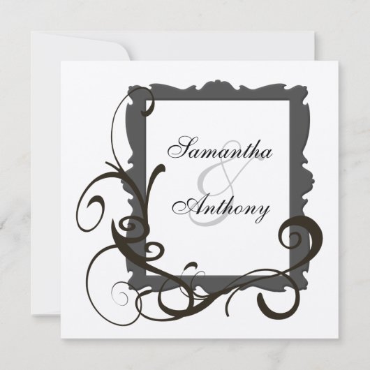 Zwart en Wit Zilver Swirl Bruiloft Uitnodigingen (Voorkant)