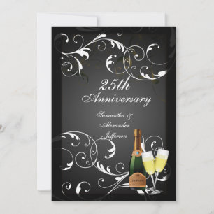 Zwart en wit Zilveren Champagne Jubileum Kaart