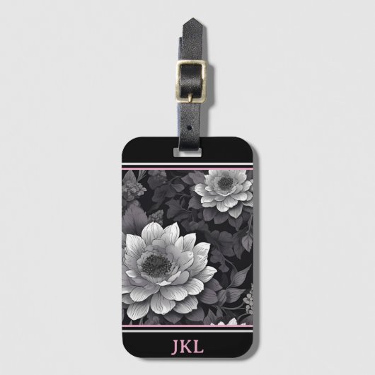 Zwart en Witte Bloemen Bagagelabel (Voorkant (verticaal))