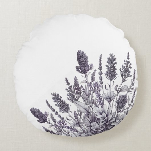 Zwart en Witte Bloemen Rond Kussen (Voorkant)