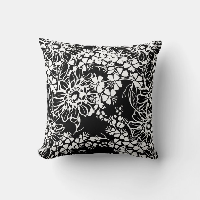 Zwart en Witte Bloemenkussen Kussen (Voorkant)