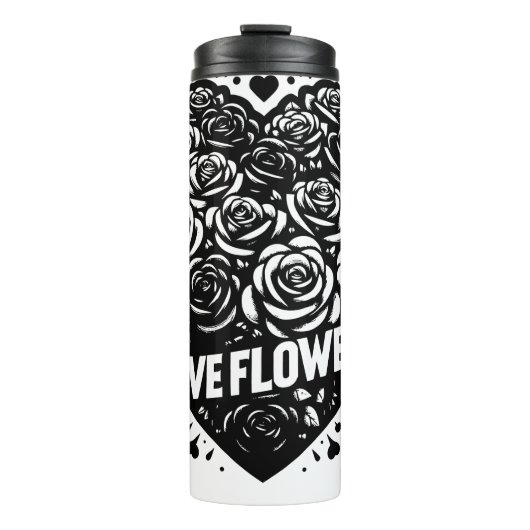 Zwart en Witte Bloemenliefde Thermosbeker (Voorkant)